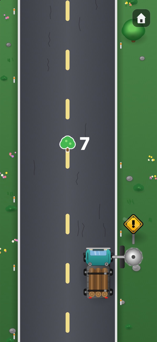 Log Rush gameplay: the log truck's chainsaw lines up with a roadside warning sign while the tree counter reads 7