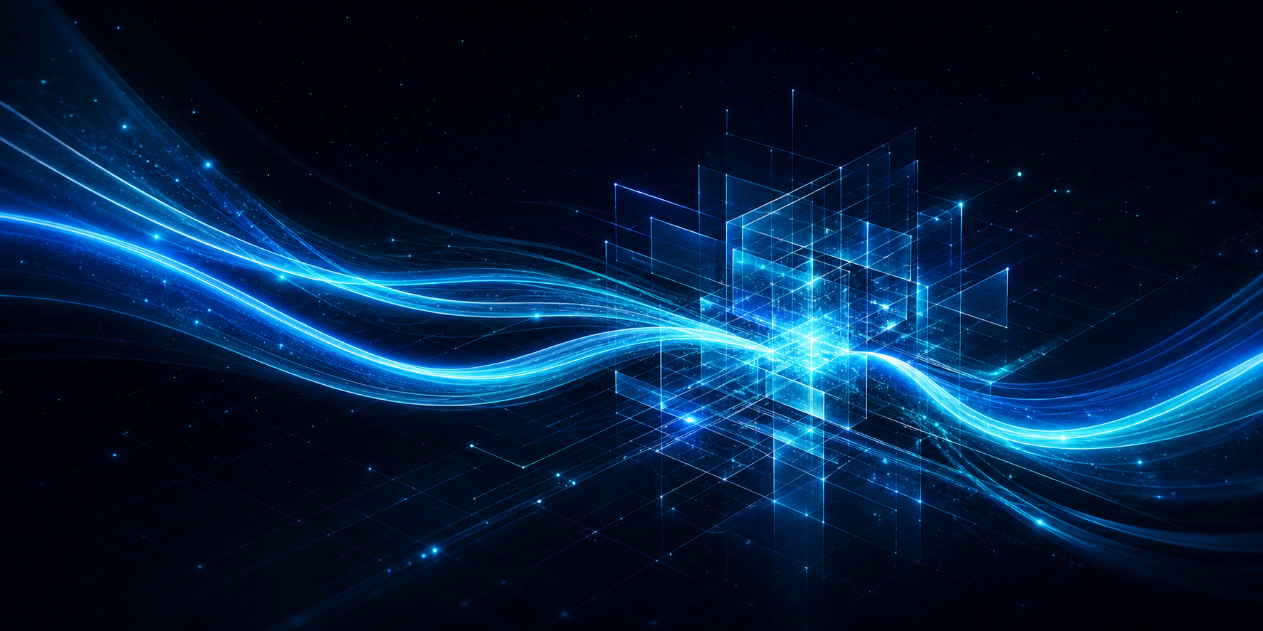 Blue and cyan light ribbons flowing through a modular digital architecture